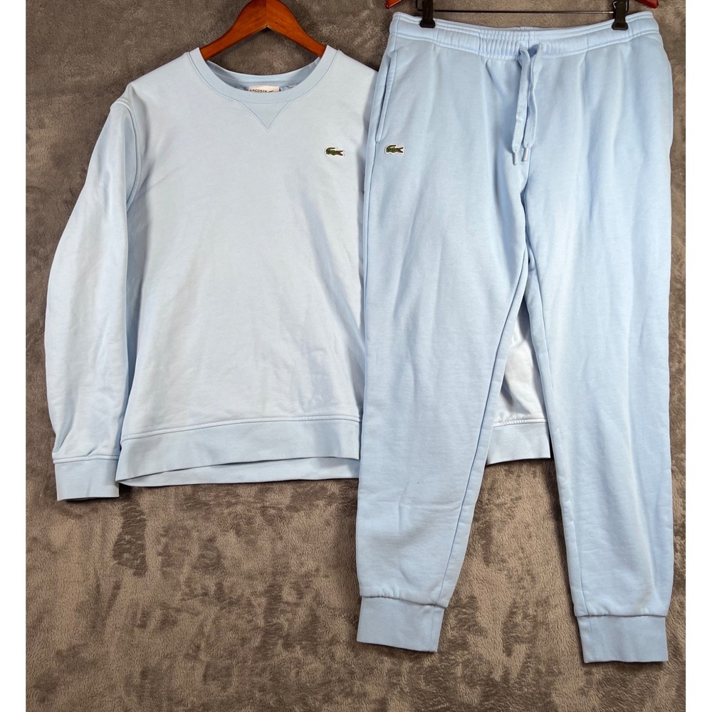 Lacoste Fleece Sweatshirt & Jogger Pants XL Blue Logo Athleisure Sporty Retro
